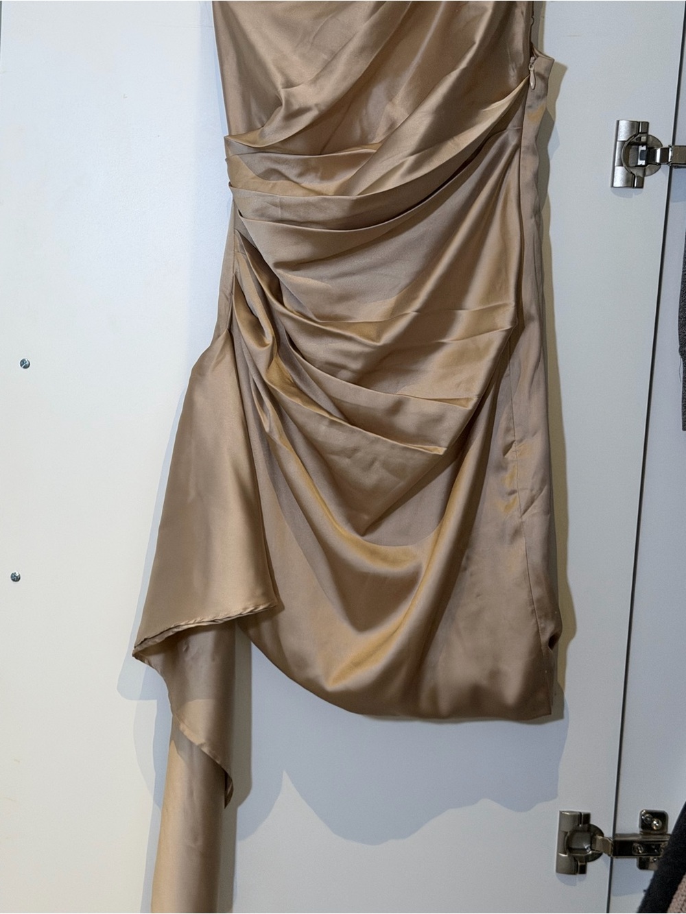 One-Shoulder Ruched Satin Mini Dress in Cream - Picture 5 of 9